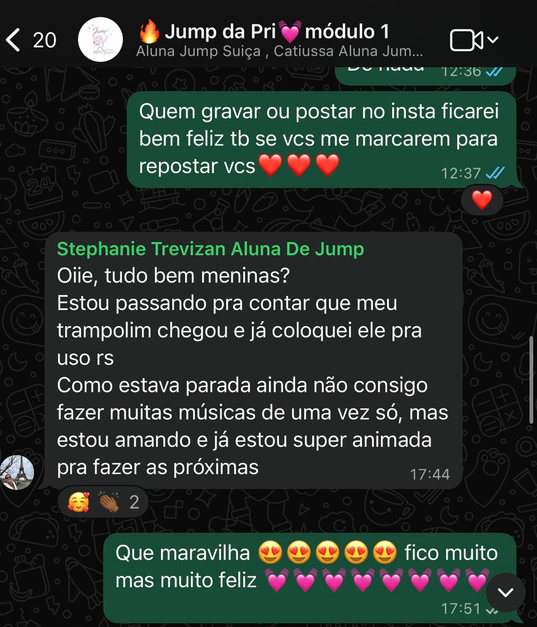 Print de WhatsApp: Meu trampolim chegou e já coloquei pra uso. Estou amando e super animada pras próximas aulas.